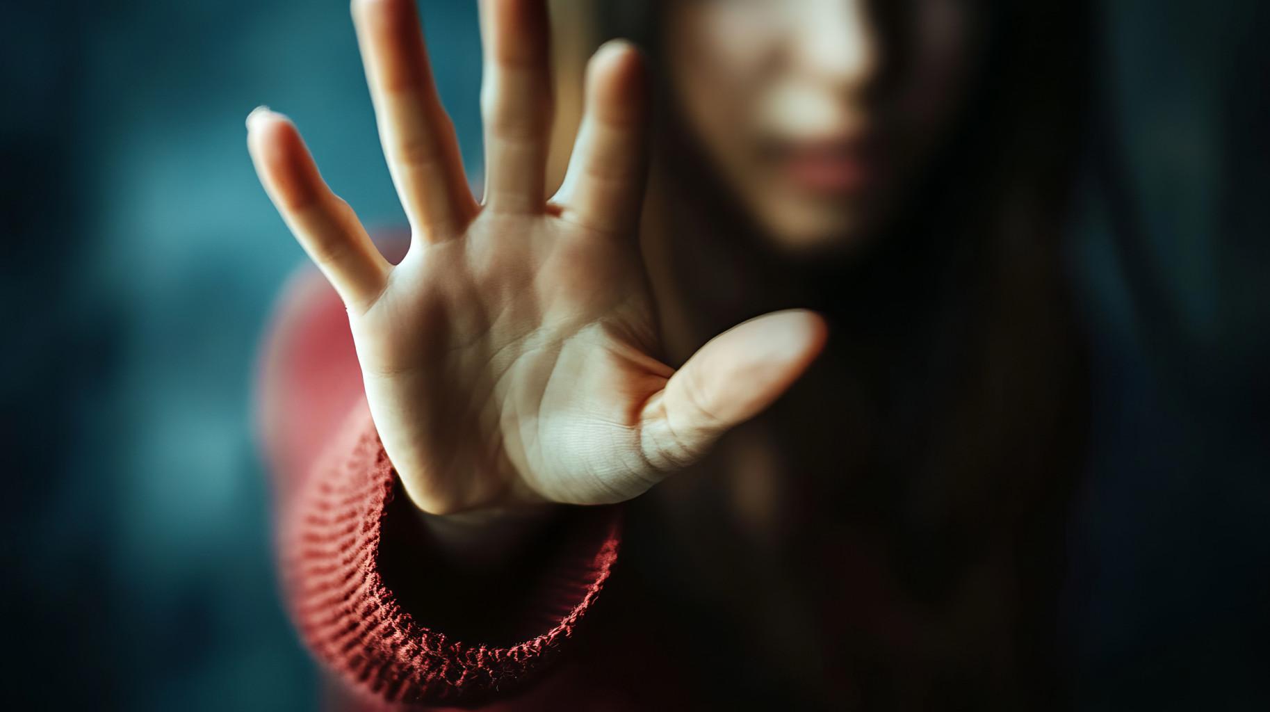 Frau hebt schützend Hand vor sich