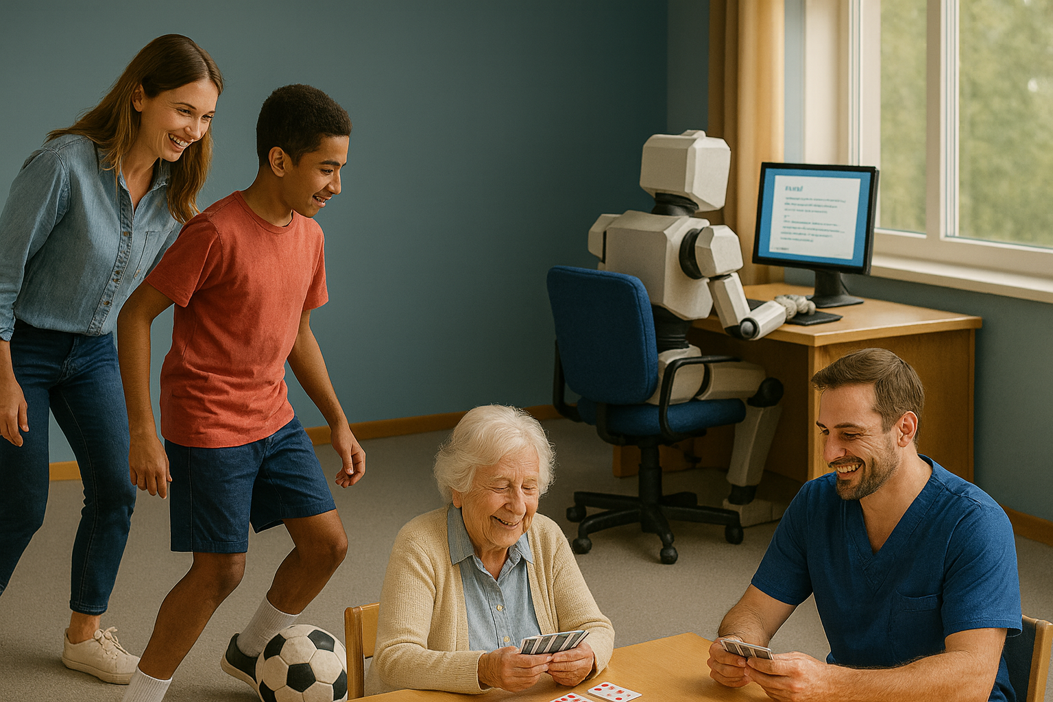 ein Junge und eine junge Frau spielen Fußball, ein Mann spielt mit einer Seniorion Karten, während ein Roboter am Schreibtisch arbeitet