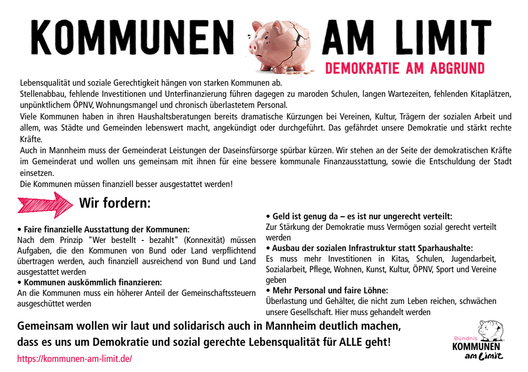 Forderungen des Bündnisses "Kommunen am LImit" für Mannheim