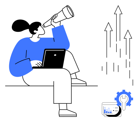 Person mit Laptop und Fernglas