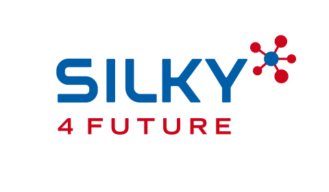 Logo Silky 4 Future. Blauer Silky Schriftzug mit Unterschrift in rot 4 Future. Oben rechts Bildmarke Molekül