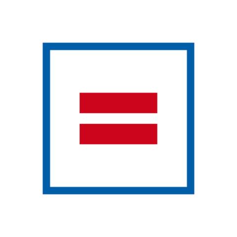 Paritätisches Kurzlogo: Blaues Quadrat und rotes Gleichzeitszeichen