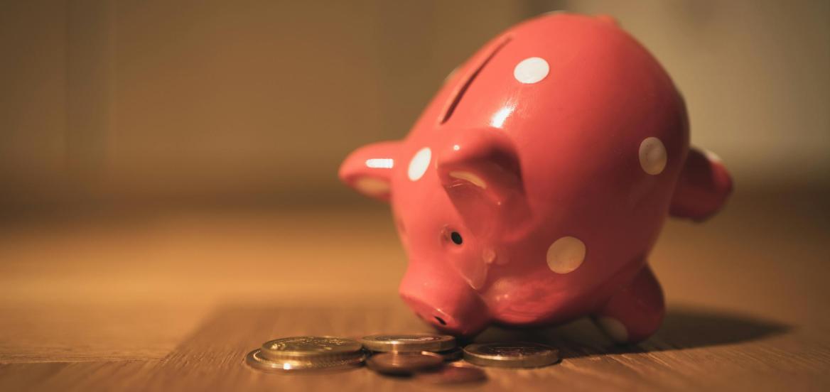rosa Sparschwein w&uuml;hlt mit der Schnauze in einem Berg M&uuml;nzen