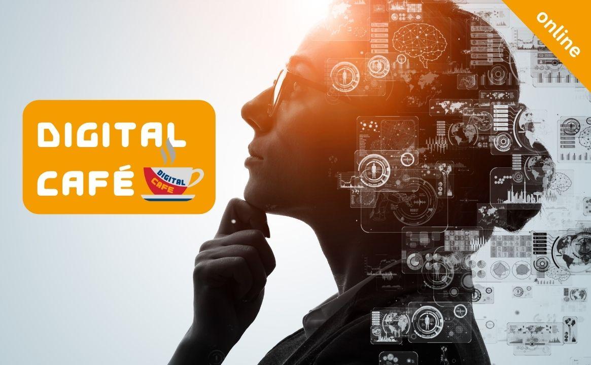 Frau nachdenklich mit Prozessorstruktur am Kopf