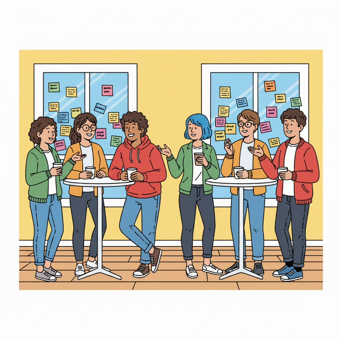 Junge Menschen diskutieren an Stehtischen