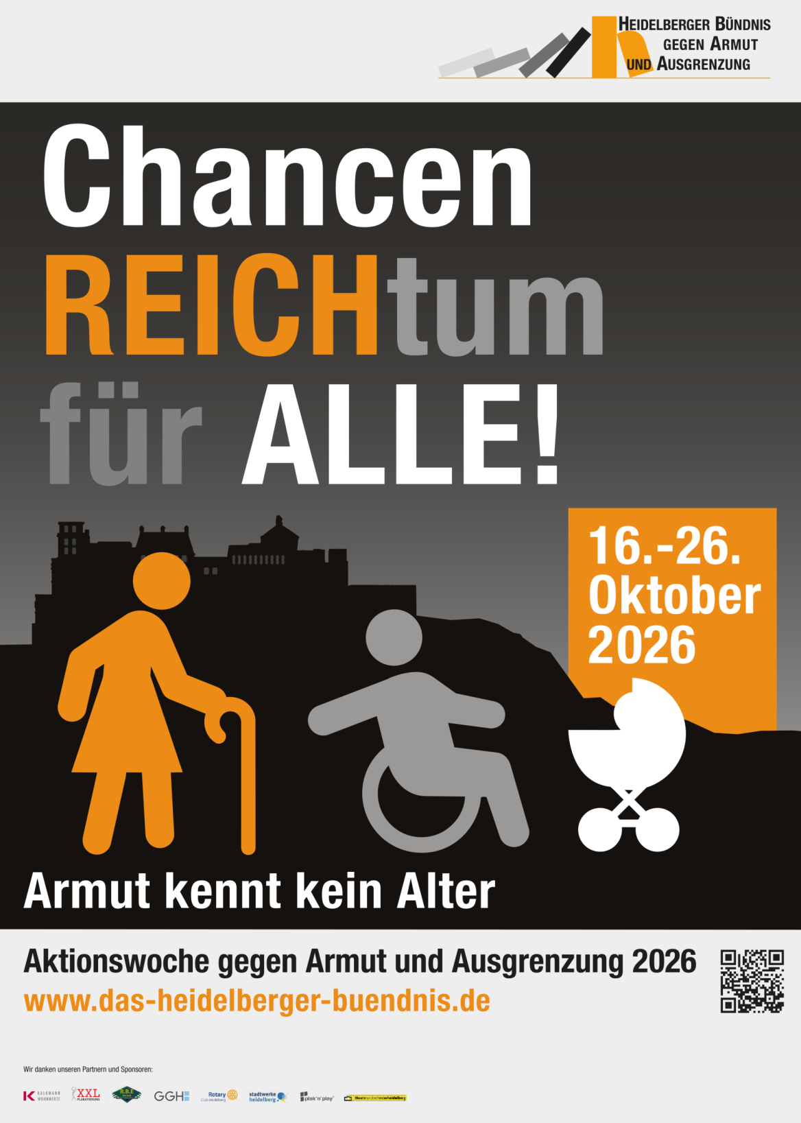 Vor der Kulisse des Heidelberger Schlosses sind symbolisch eine Frau mit Stock, eine Person im Rollstuhl und ein Kinderwagen zu sehen. Bildsprache: Armut kennt kein Alter.