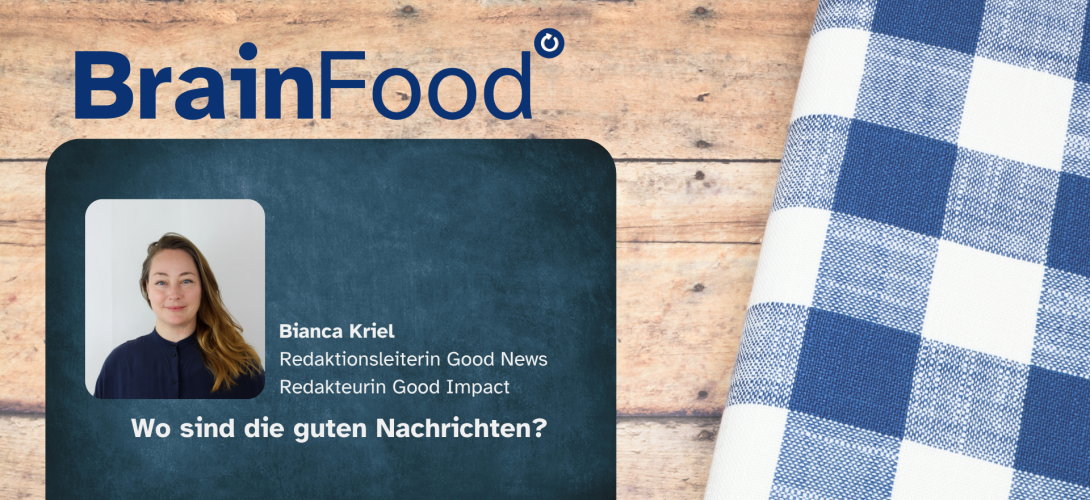 Brainfood: Wo sind die guten Nachrtichten? auf einem Vesperbrett mit Geschirrtuch