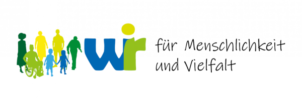 bunte Personen stehen zusammen. Danaben steht "Wir für Menschlichkeit und Vielfalt"