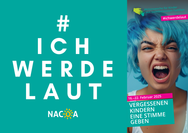 Blaugrünes Plakat mit Kind was laut schreit