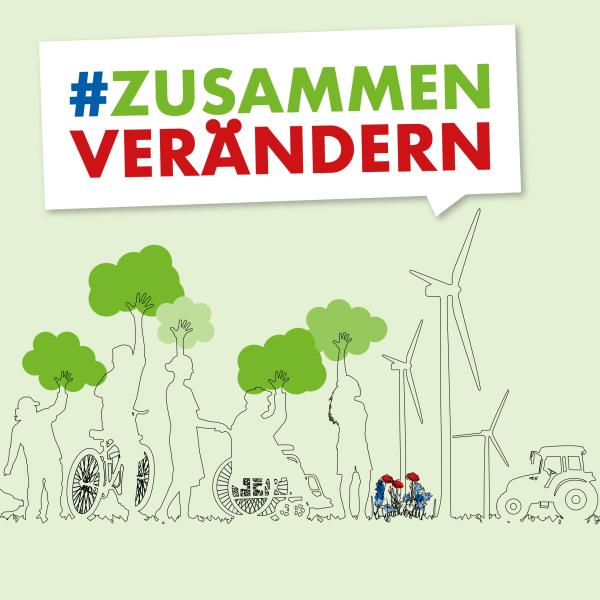 Zeichnung mit Menschen und Bäumen