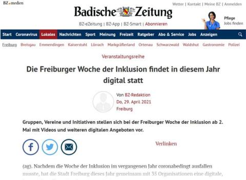 Startseite der BZ "Die Freiburger Woche der Inklusion findet in diesem Jahr digital statt"
