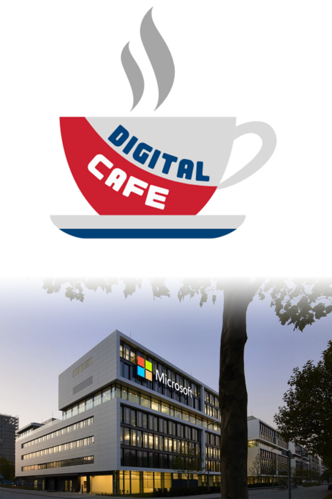 Kaffeetasse mit Aufschrift Digital Cafe und Microsoft Gebäude München mit Schriftzug Microsoft