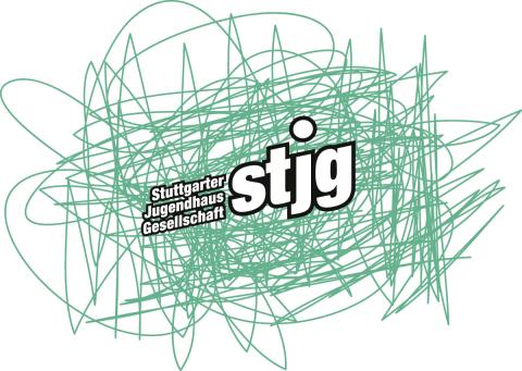 Logo stjg, Hintergrund mintgrüne Straffur, Wortmarke Text links Stuttgarter Jugendhausgesellschaft, rechts stjg