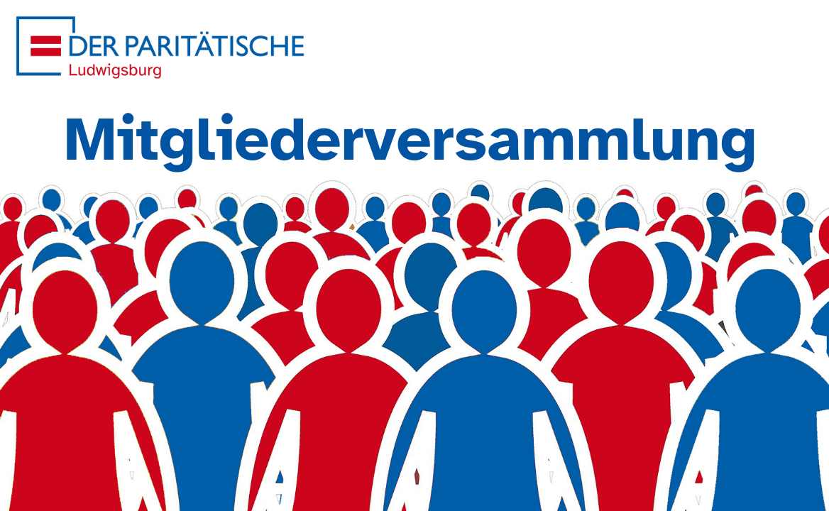 Viele illustrierte Personen in rot und blau, die vor dem Schriftzug Mitgliederversammlung stehen