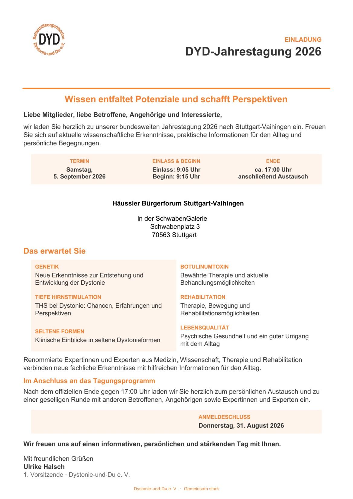 Einladung zur DYD-Jahrestagung am 5. September 2026 in Stuttgart-Vaihingen mit Informationen zu Dystonie, Behandlungsm&ouml;glichkeiten, Rehabilitation und aktuellen Forschungsergebnissen.