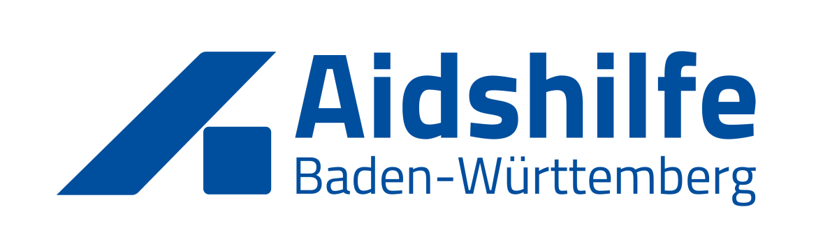 Zu sehen ist ein blaues Logo bestehend aus einem blauen Schriftzug "Aidshilfe Baden-Württemberg" 