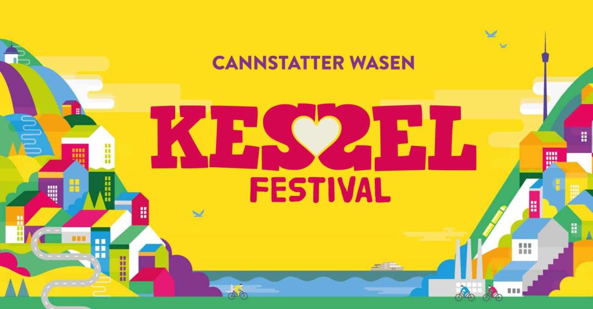 Gelbes Plakat mit bunten H&auml;usern rechts und links am Hang und in der Mitte blaues Wasser