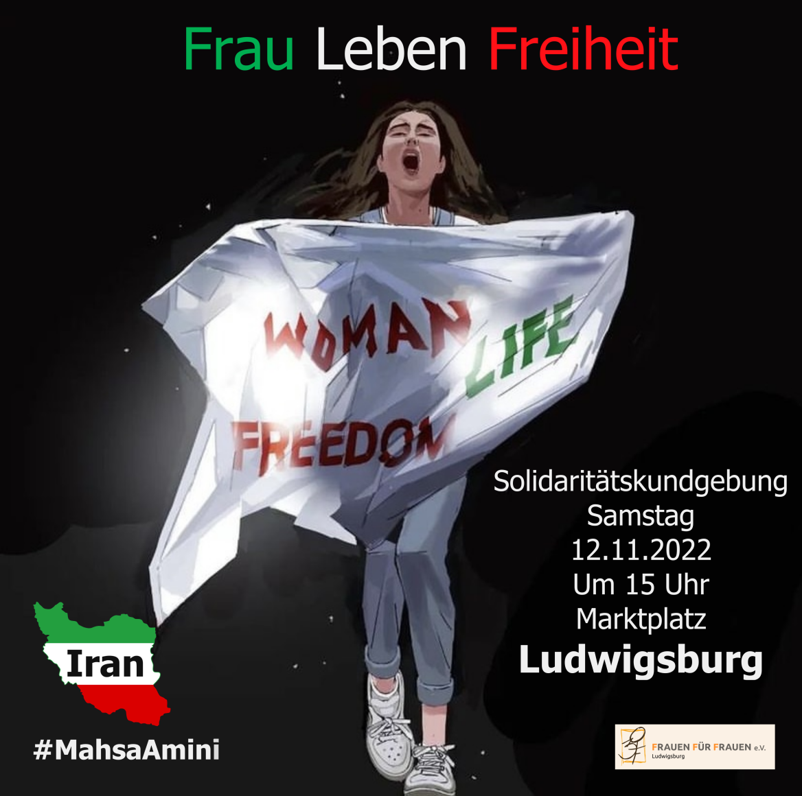Frau mit langem braunen Haar und Protestfahne in der Hand