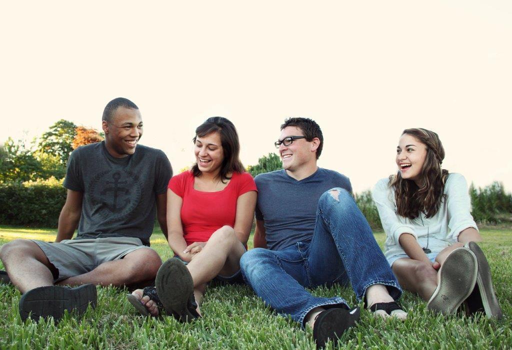 Zwei junge M&auml;nner und Frauen sitzen zusammen auf einer Wiese