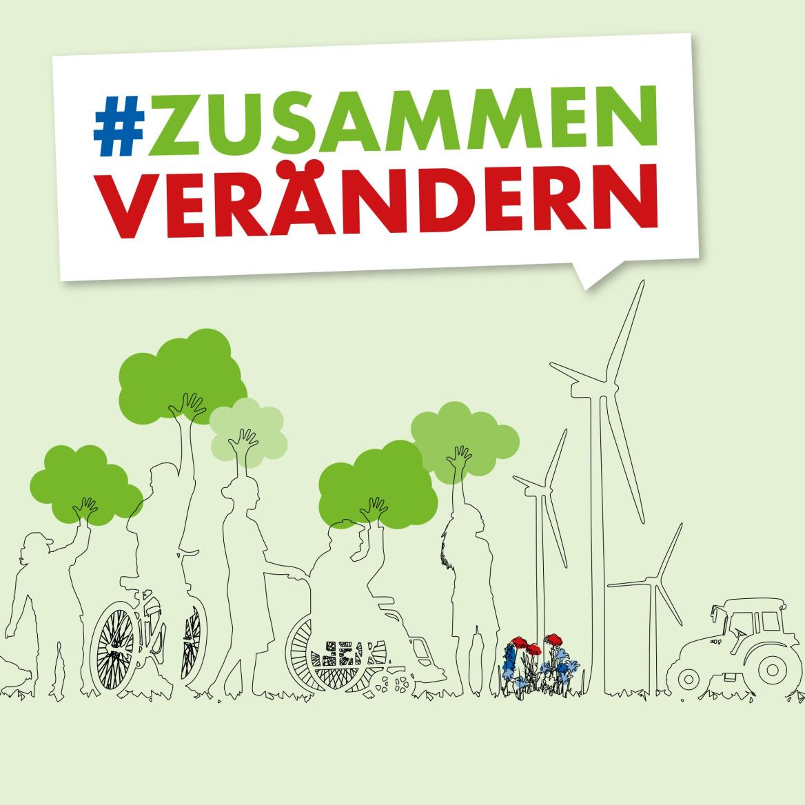 Zeichnung mit Menschen und B&auml;umen