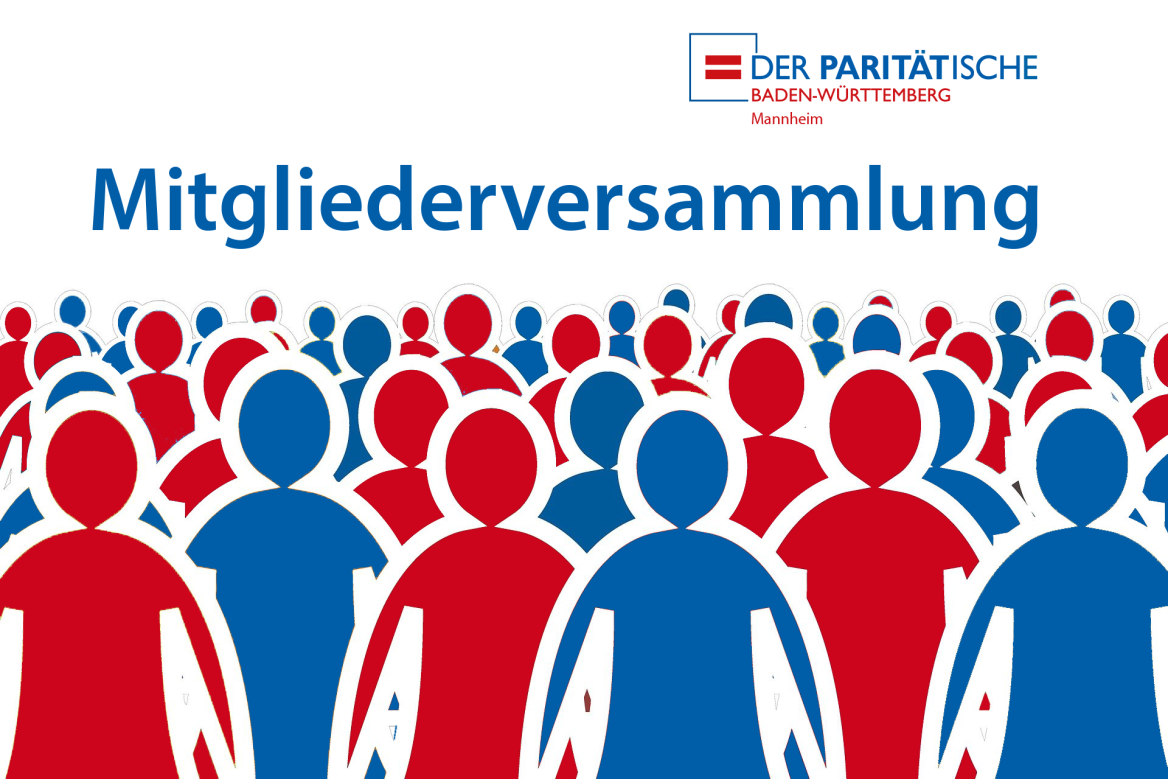 Rote und blaue Figuren versammeln sich Überschrift: Mitgliederversammlung, Logo des Paritätischen Kreisverband Mannheim